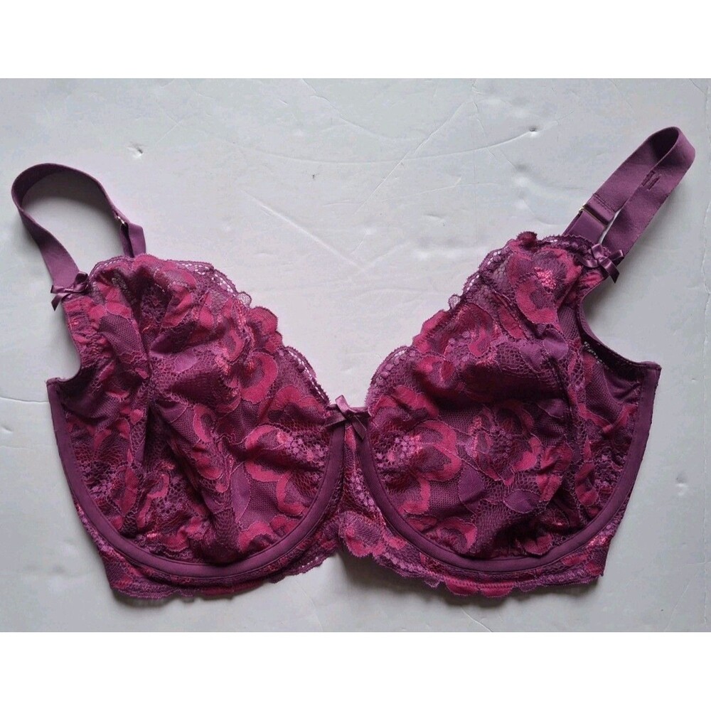 Cacique Unlined Balconette Bra Size 38I Purple Pink Underwire Sheer Mesh Lace